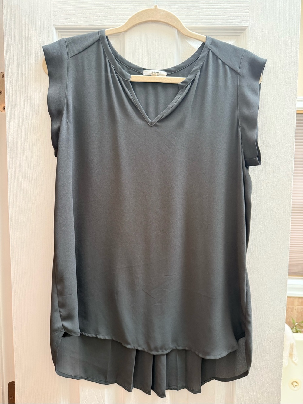 Pleione Sleeveless V-Neck Blouse in Green-Hued Charcoal